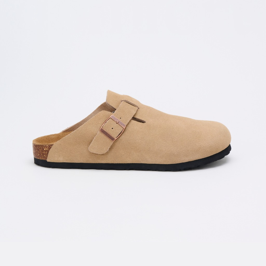 The Premium Suede Clog in Camel, side view