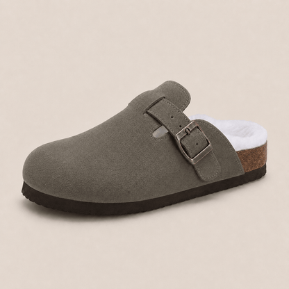 The Faux Fur-Lined Suede Clog in Army Green