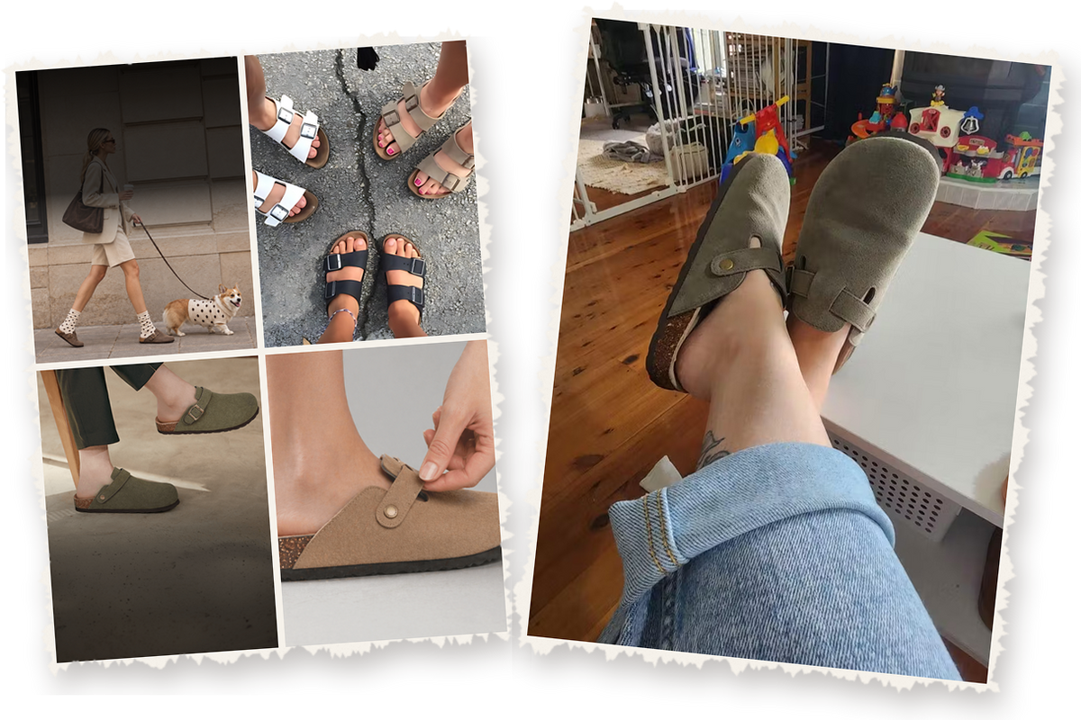 Collage of customers wearing suede clogs and sandals