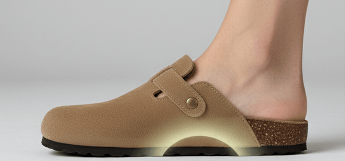 Suede clog with a contoured, cushioned footbed